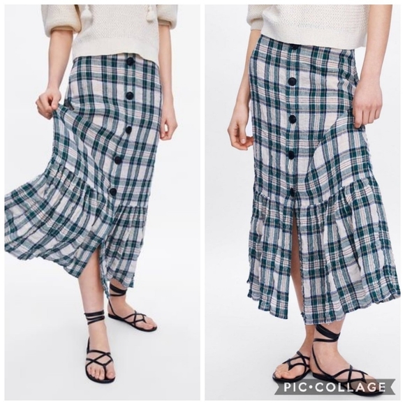 Zara | Plaid Check Ruffle Hem Midi Skirt - Picture 15 of 16